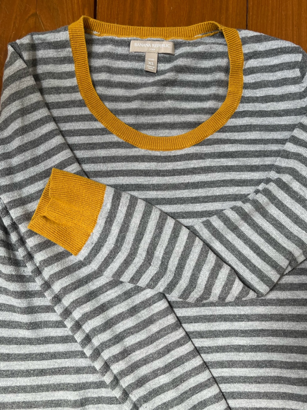 Banana Republic Gray & White Striped Crewneck Sweater with Mustard Trim